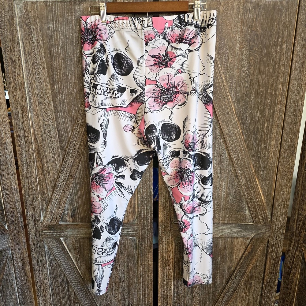 Gearbunch Leggings Women's Size 3XL White Pink Black Floral Skull Graphics - Picture 7 of 7